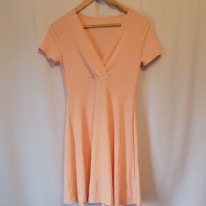 Shein Peach Ribbed Fit and Flare Mini Dress with V-neck Short Sleeves